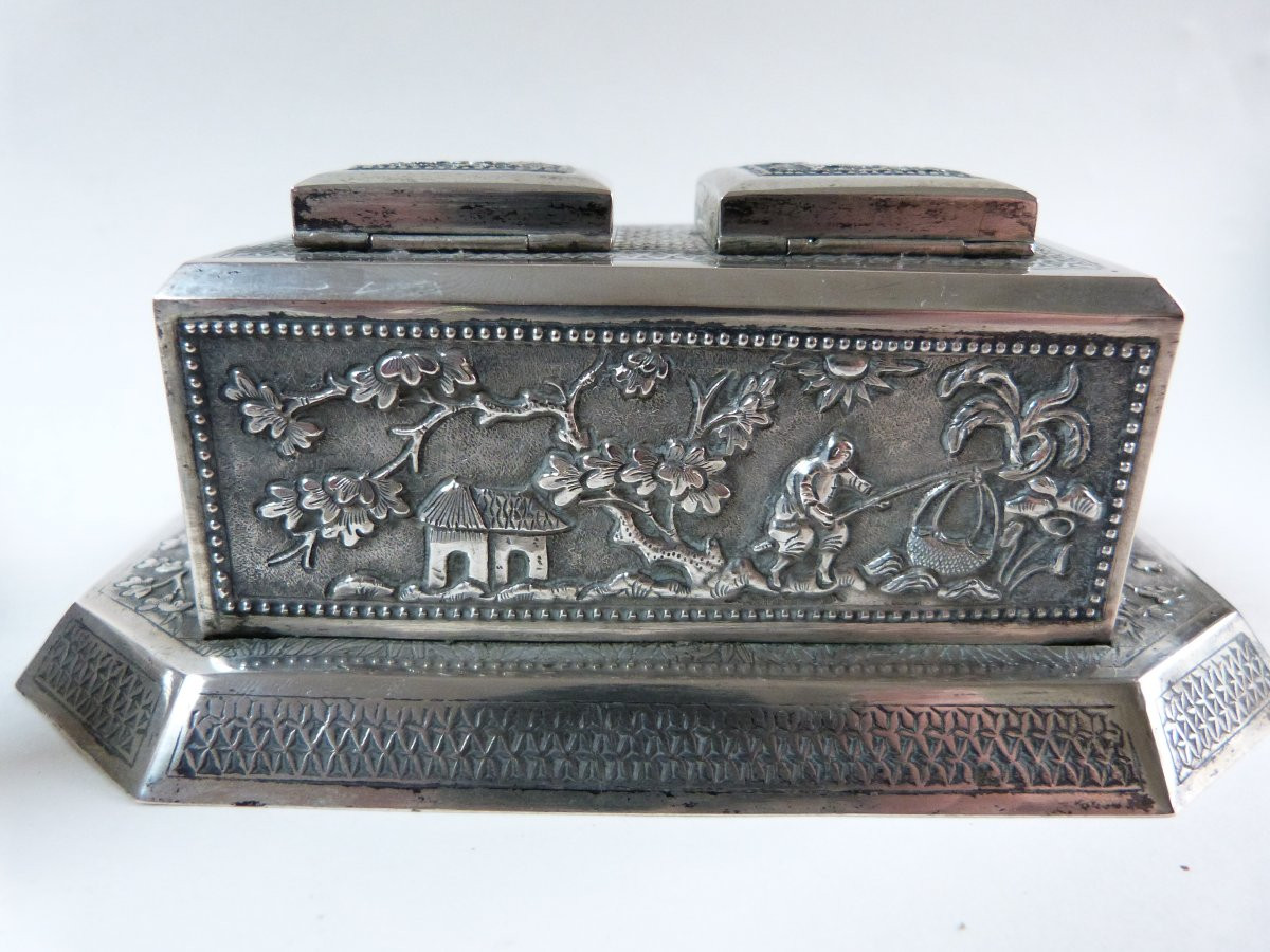 Nécessaire De Bureau Encrier En Argent Massif Indochine Vietnam XXeme-photo-1