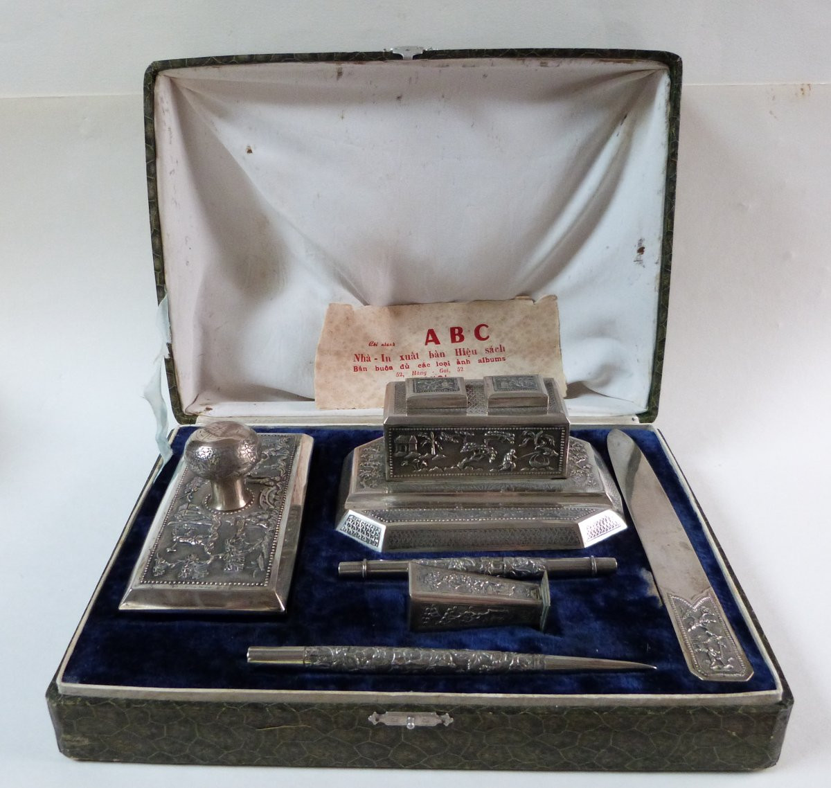 Nécessaire De Bureau Encrier En Argent Massif Indochine Vietnam XXeme-photo-7
