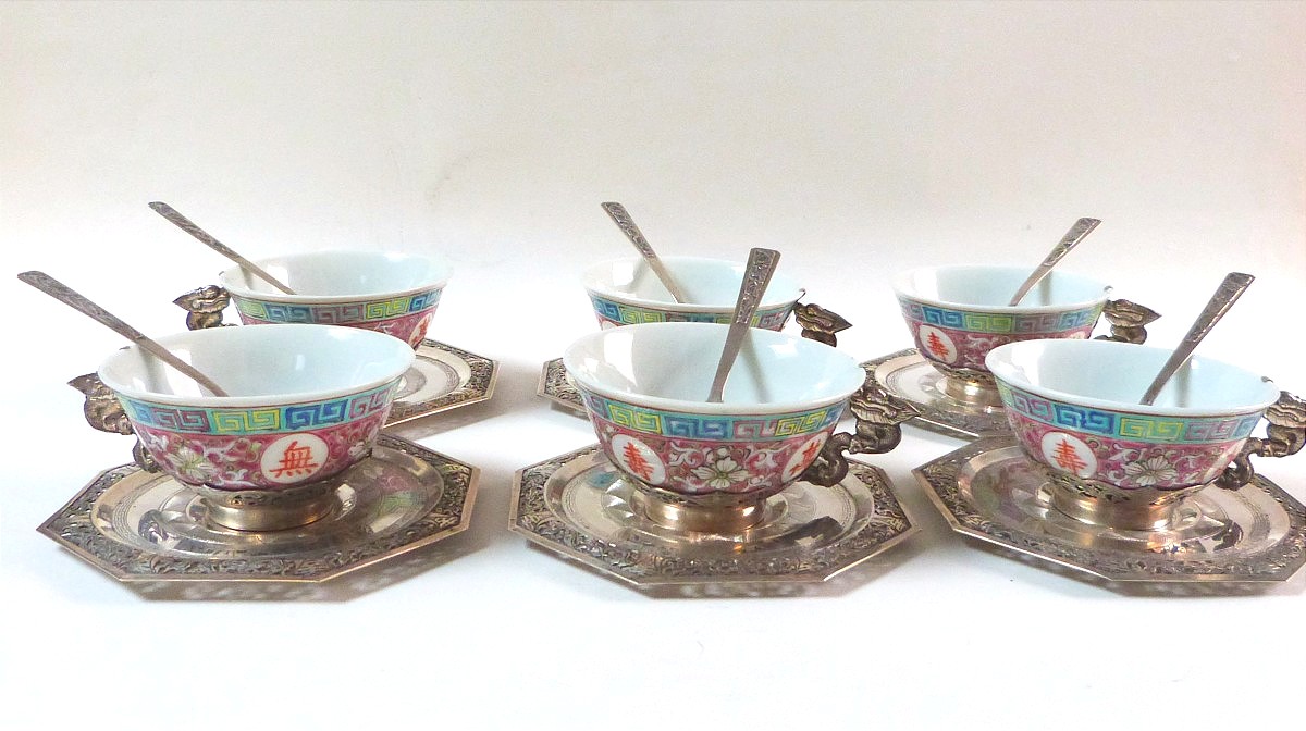 6 Chinese Porcelain And Sterling Silver Tea Cups Indochina Vietnam 