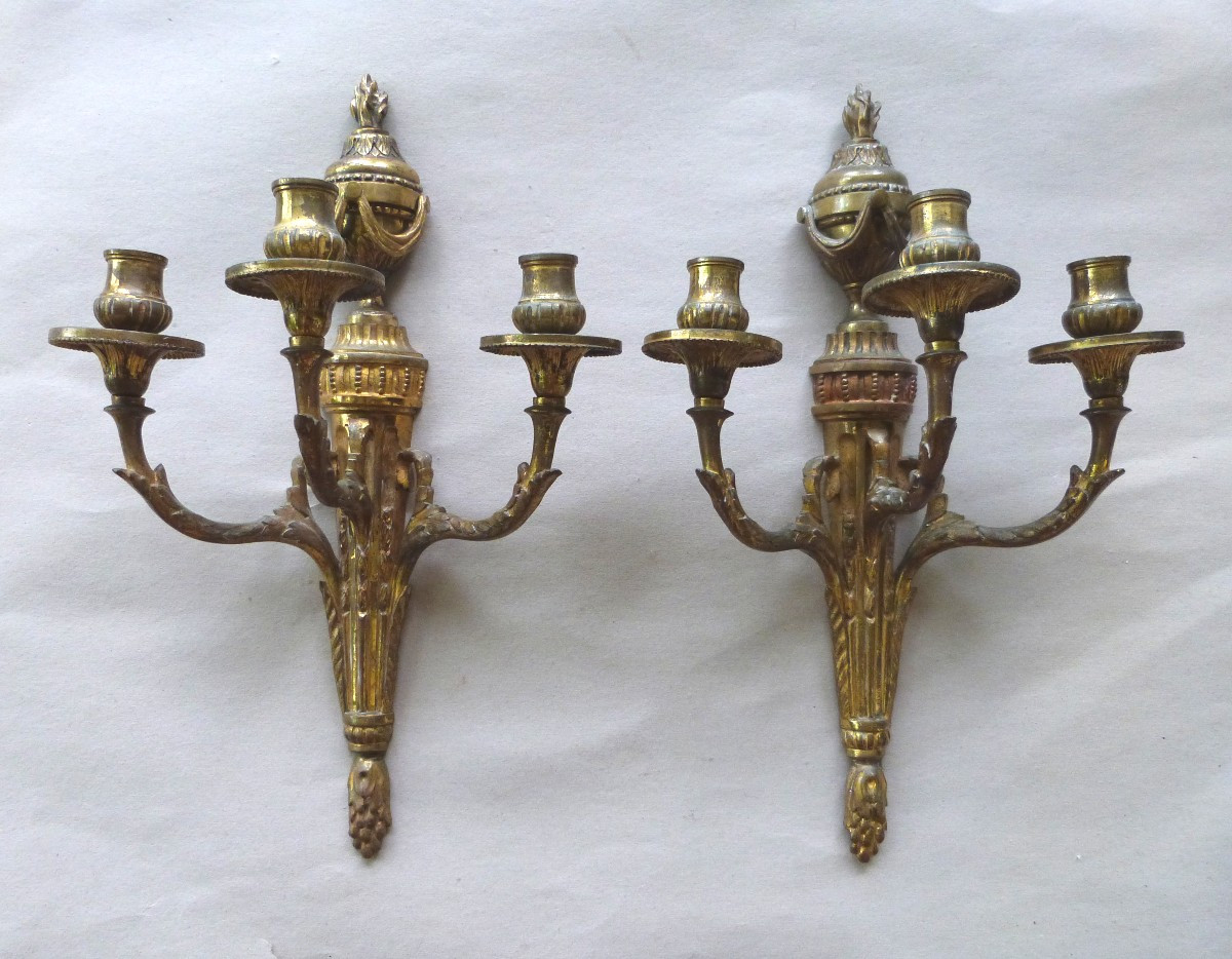 Pair Of 3-light Gilt Bronze Wall Lights In Louis XVI Style, First Half Of The 19th Century