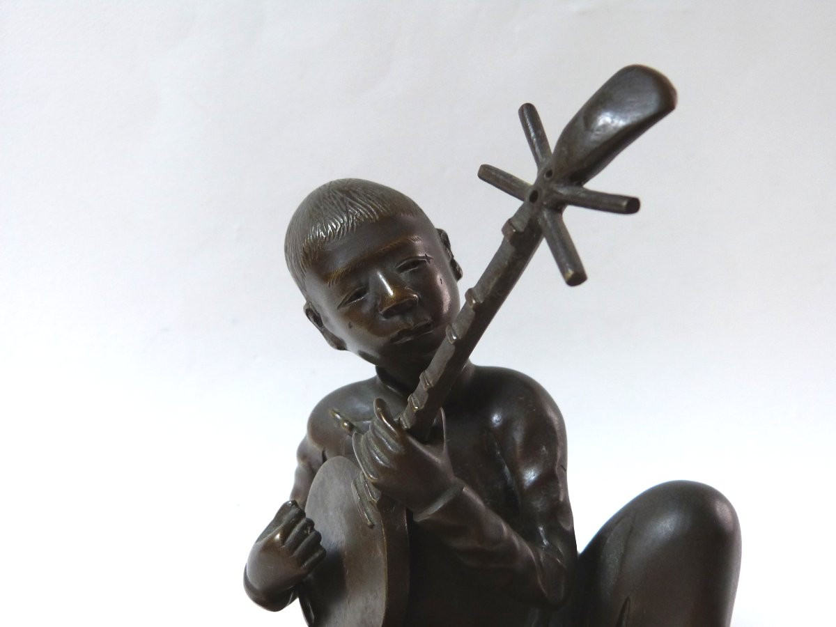 Bronze Sculpture From Vietnam, Hanoi School, Little Musician, Circa 1920-photo-2