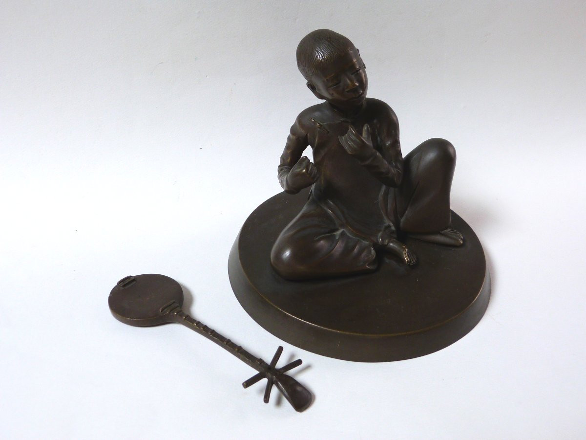 Bronze Sculpture From Vietnam, Hanoi School, Little Musician, Circa 1920-photo-5
