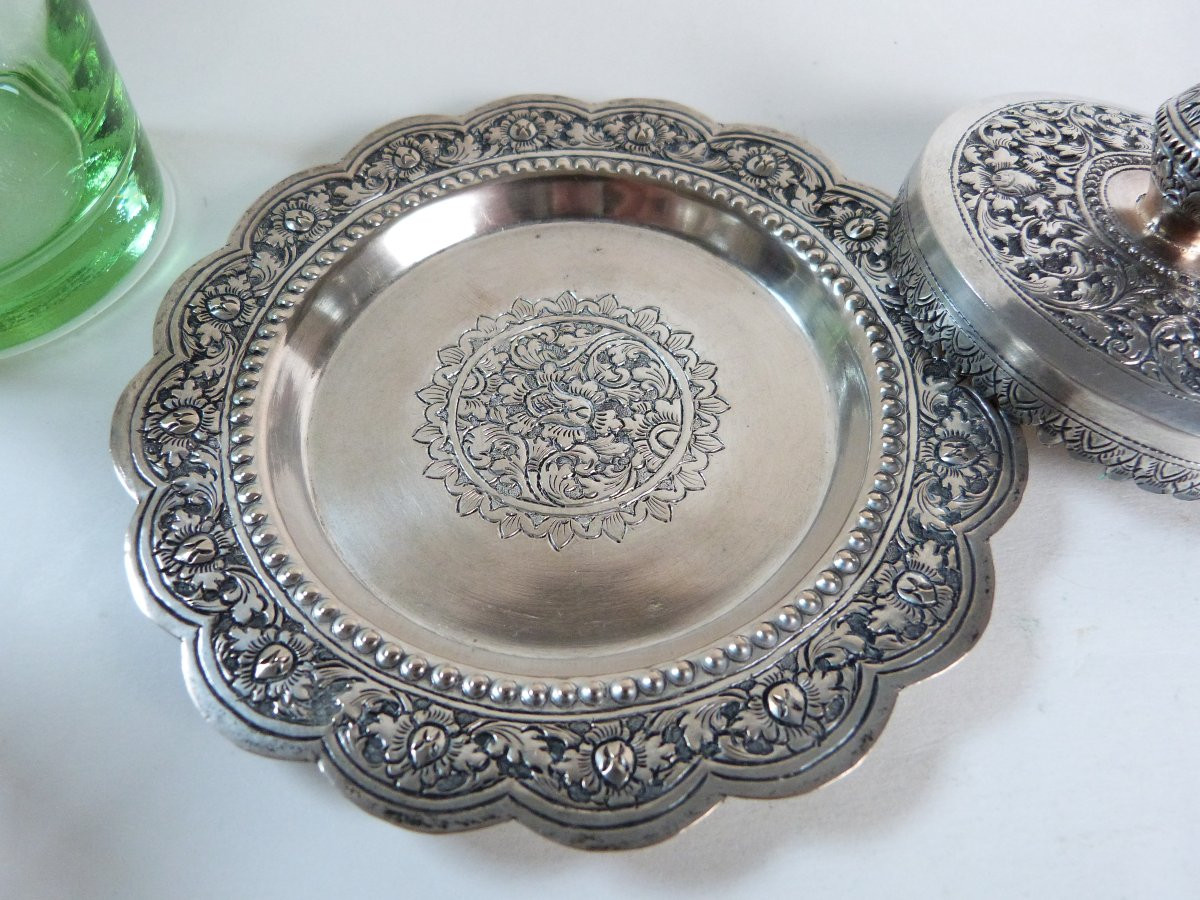 Vietnam Indochina Covered Goblet In Solid Silver And Glass Early 20th Century-photo-1