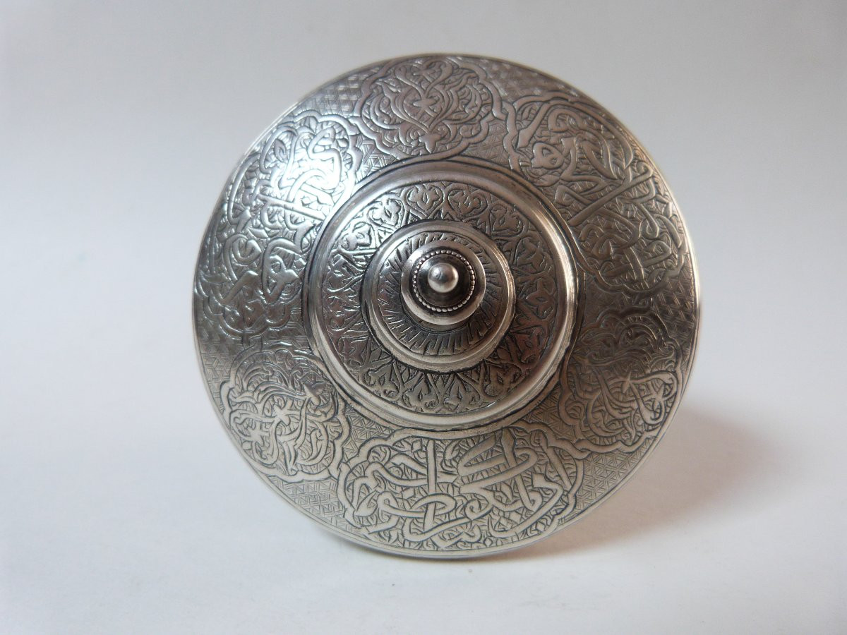 pot couvert en argent massif Egypte ou Syrie fin du XIXeme siècle décor gravé -photo-3