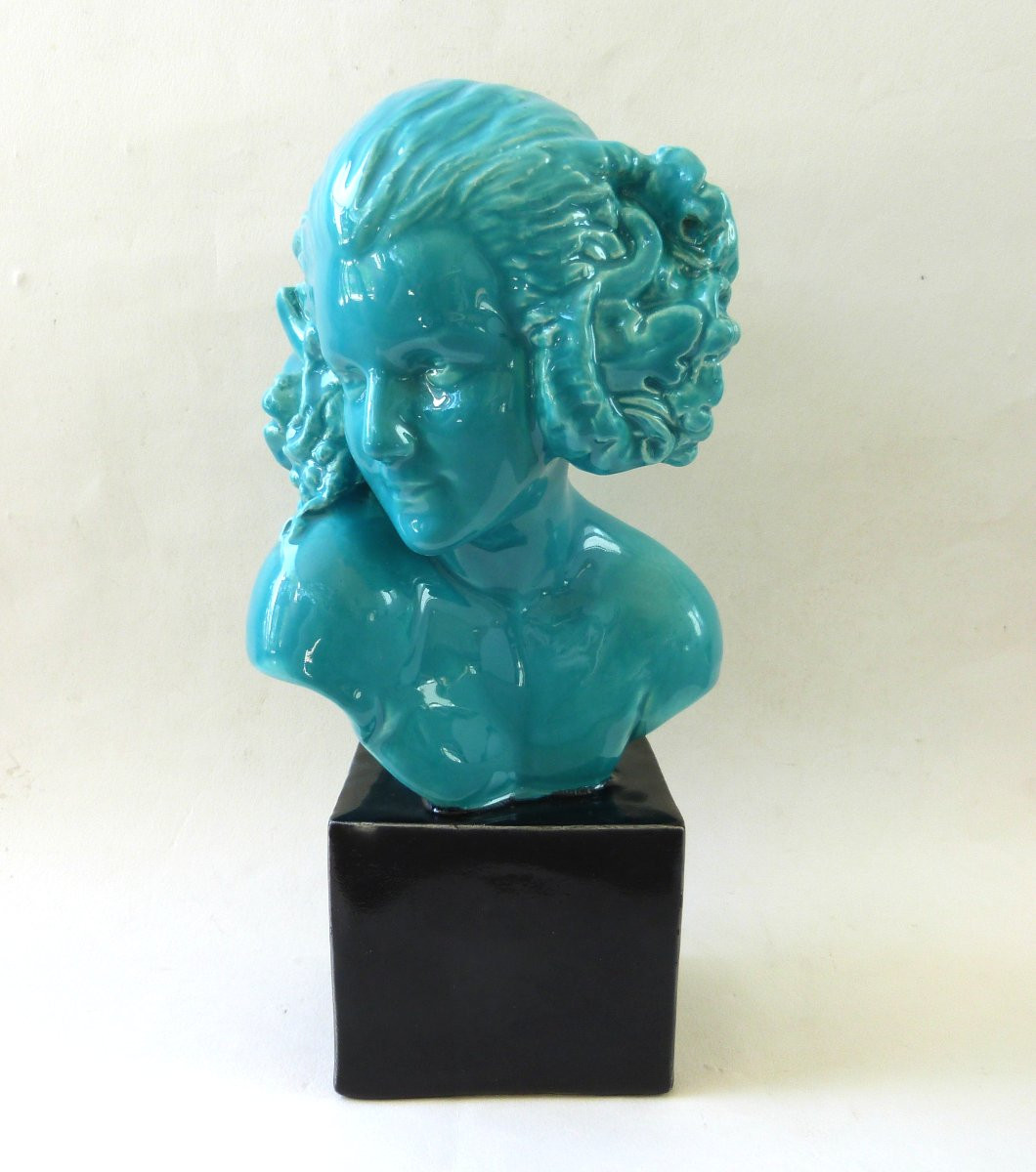 Real del Sarte sculpture buste en terre cuite émaillée Faunesse art déco Sèvres -photo-2