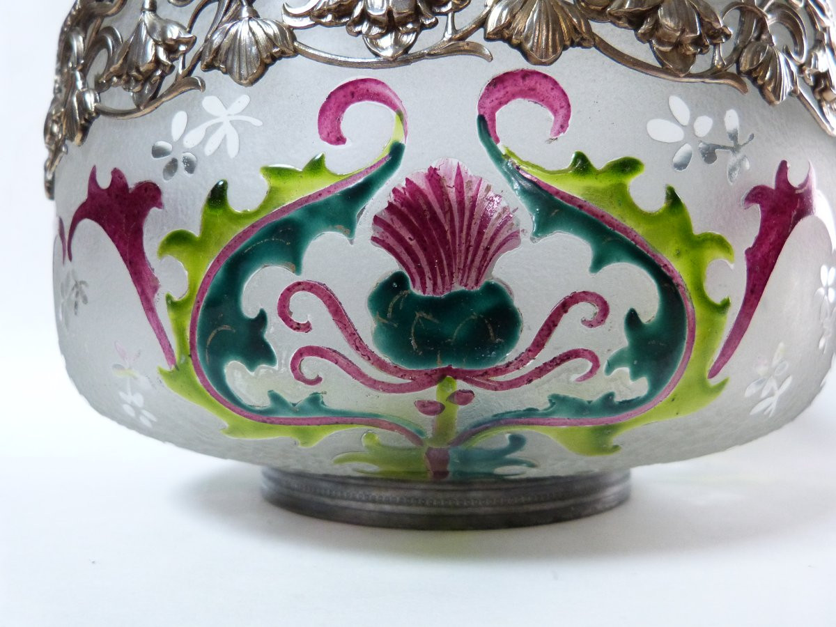 Art Nouveau Glass Bowl With Acid-etched And Enamelled Decoration, Gilded Metal Frame-photo-2