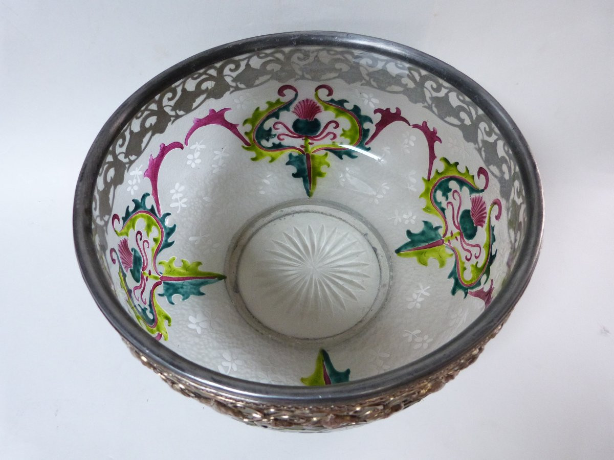 Art Nouveau Glass Bowl With Acid-etched And Enamelled Decoration, Gilded Metal Frame-photo-4