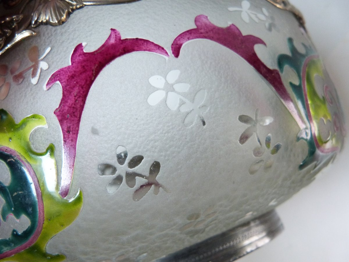 Art Nouveau Glass Bowl With Acid-etched And Enamelled Decoration, Gilded Metal Frame-photo-3