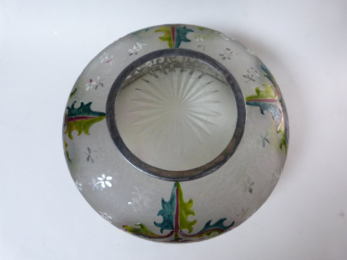 Art Nouveau Glass Bowl With Acid-etched And Enamelled Decoration, Gilded Metal Frame-photo-7
