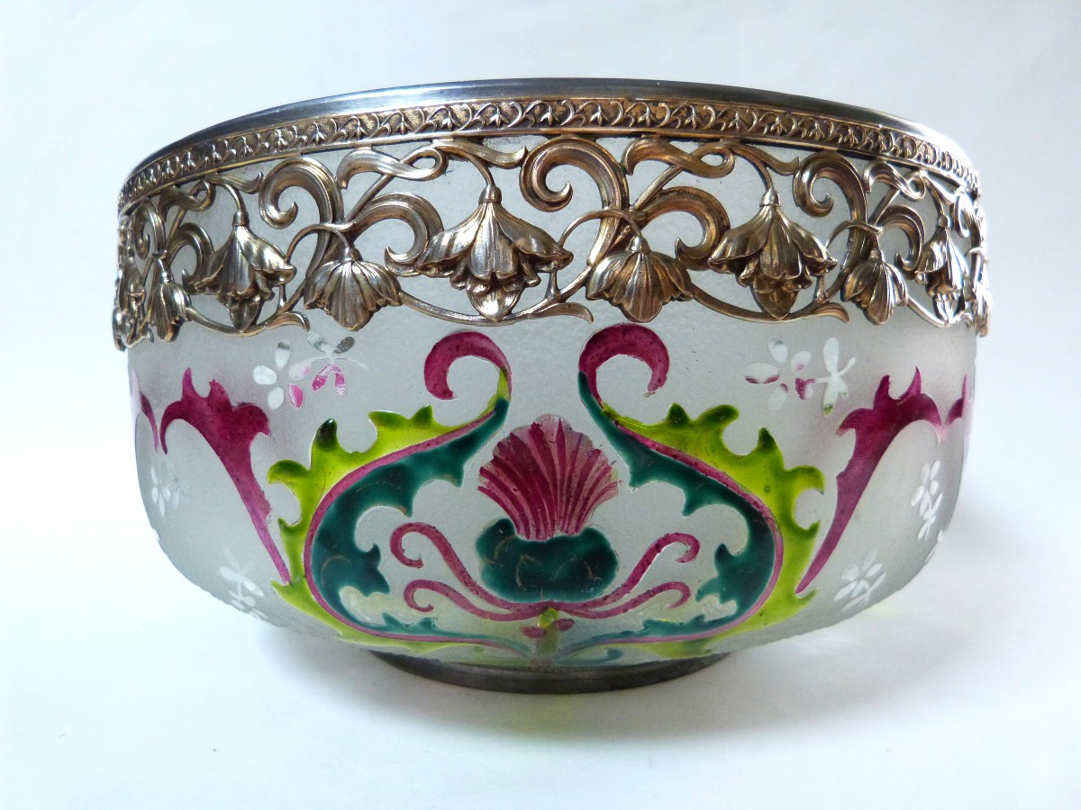Art Nouveau Glass Bowl With Acid-etched And Enamelled Decoration, Gilded Metal Frame