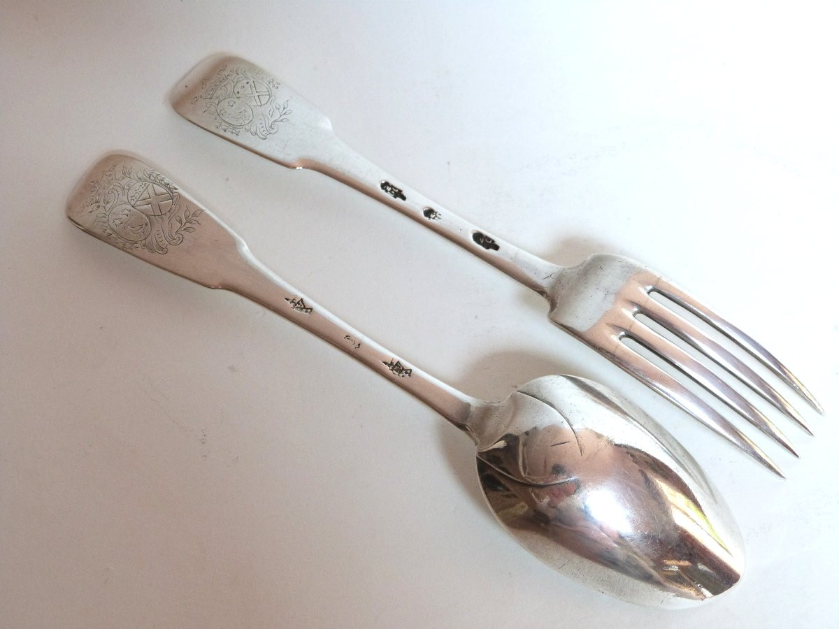 18th Century Solid Silver Cutlery With Coat Of Arms And Alliance Arms Under A Crown -photo-2