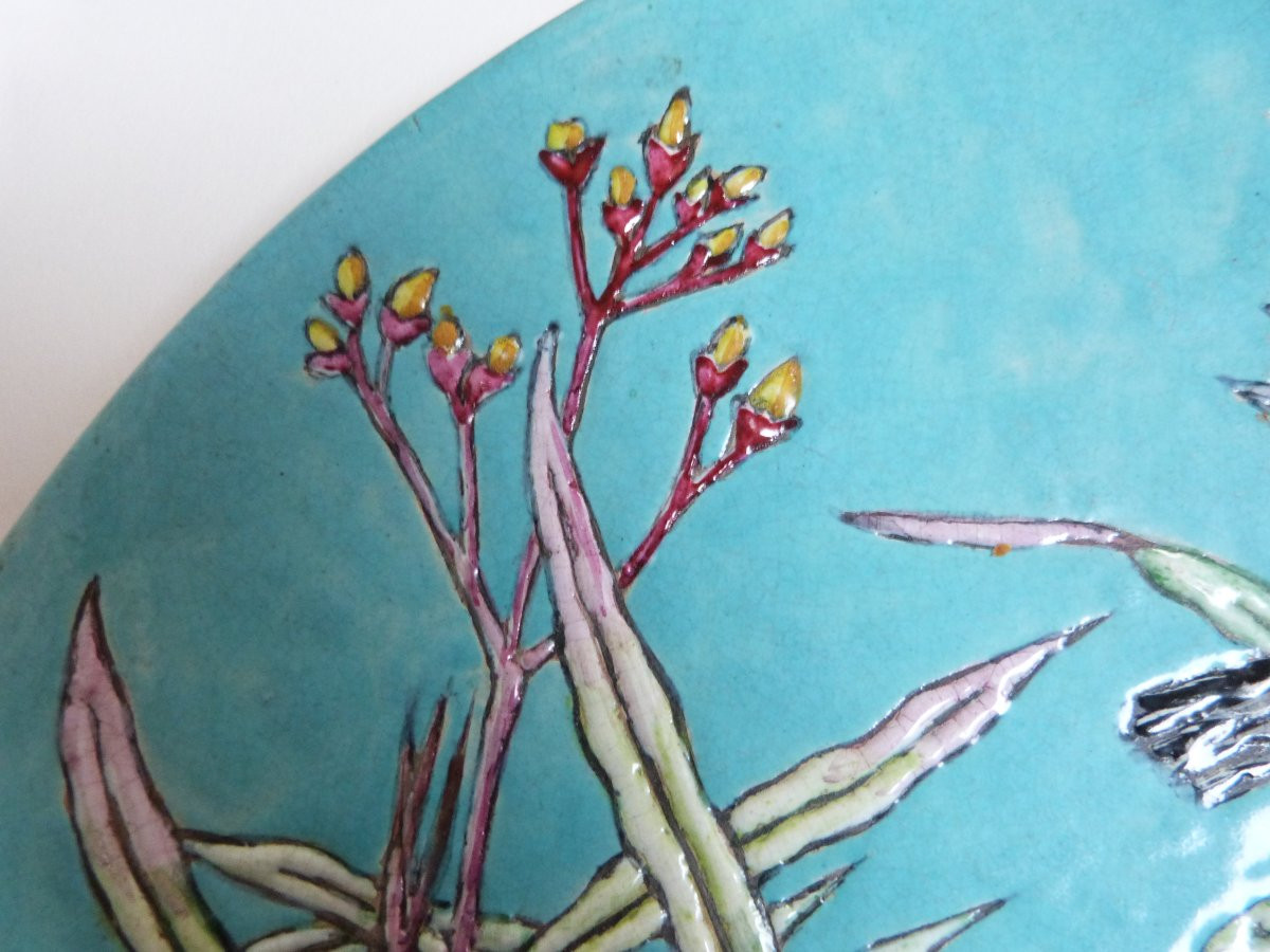 Edouard Gille - Eugène Collinot grand plat ornemental aux émaux polychromes -photo-2