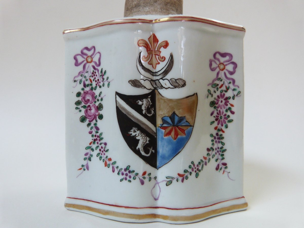 Boite à thé en porcelaine de Chine XVIIIeme blason armes compagnie des indes -photo-4
