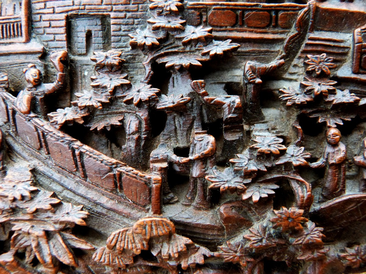 Carved Wooden Panel, Chinese Cantonese Work, 19th Century-photo-4