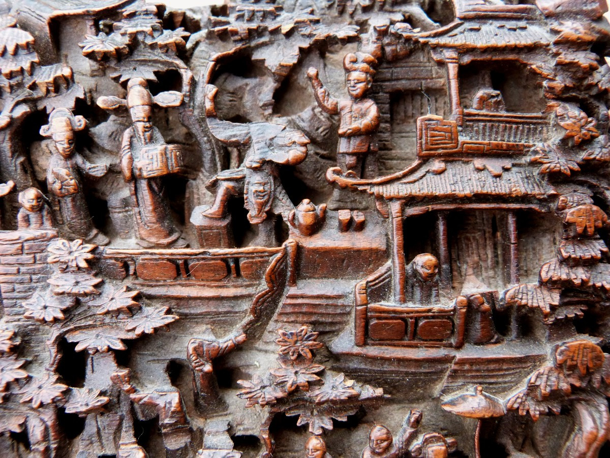 Carved Wooden Panel, Chinese Cantonese Work, 19th Century-photo-3