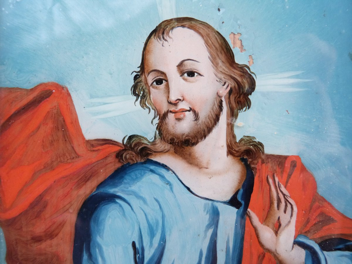 Sacred Heart Of Jesus, Fixed Under Glass, Early 19th Century -photo-3