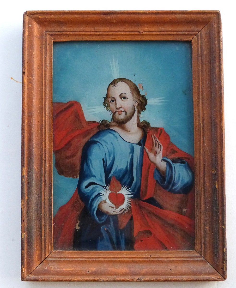 Sacred Heart Of Jesus, Fixed Under Glass, Early 19th Century 