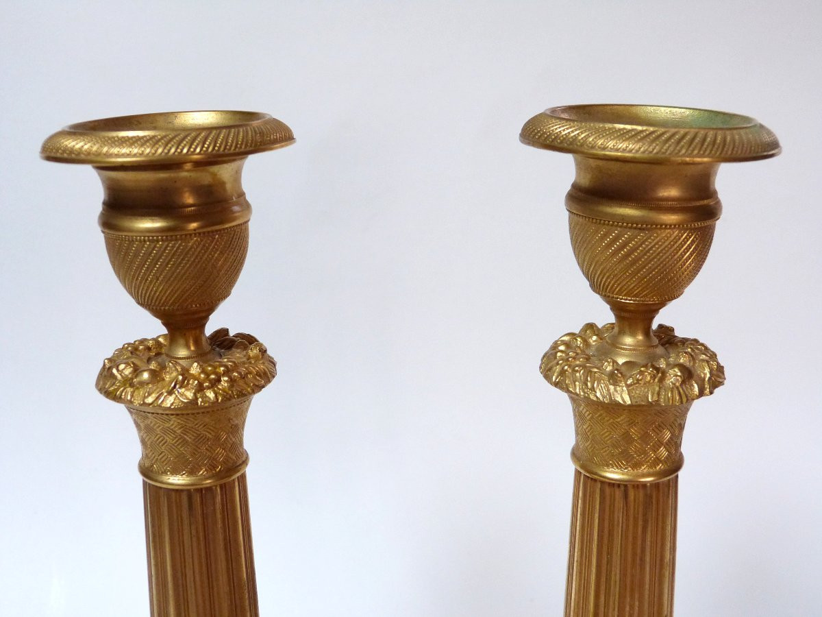 Pair Of Mercury-gilt Bronze Candlesticks From Early Restoration Period -photo-3