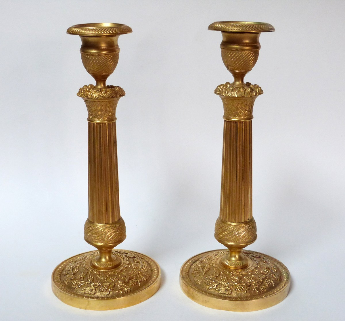 Pair Of Mercury-gilt Bronze Candlesticks From Early Restoration Period 