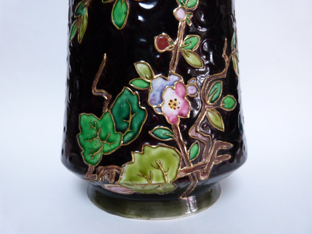 Amédée de Caranza - Vieillard Bordeaux vase en faïence et émaux à décor japonisant -photo-2