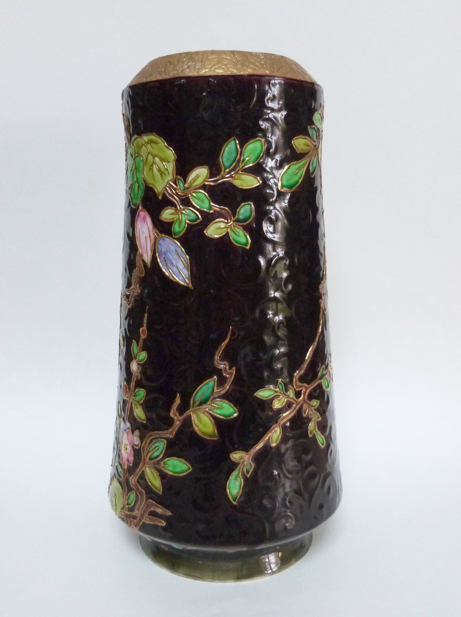 Amédée de Caranza - Vieillard Bordeaux vase en faïence et émaux à décor japonisant -photo-1