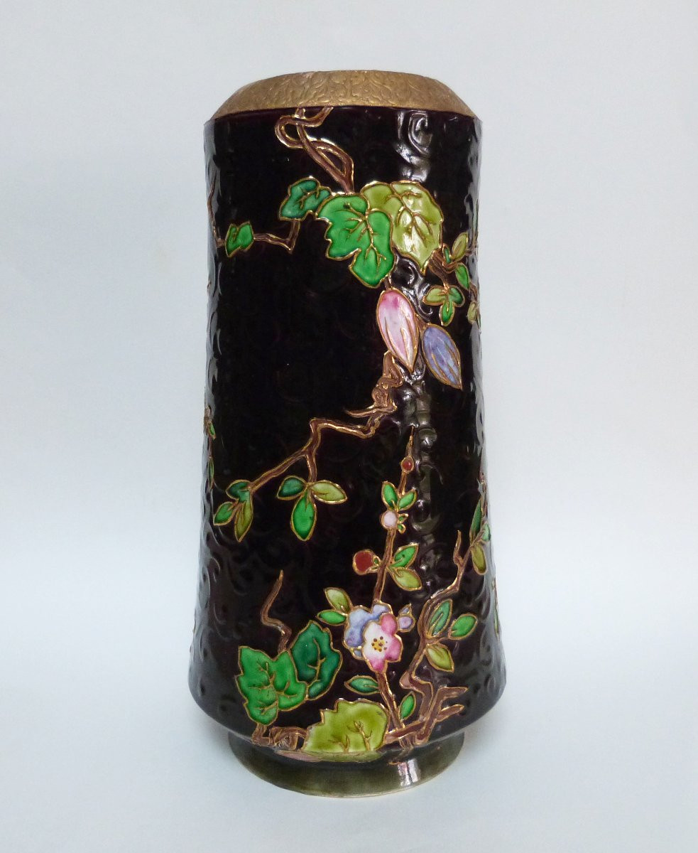 Amédée de Caranza - Vieillard Bordeaux vase en faïence et émaux à décor japonisant -photo-2