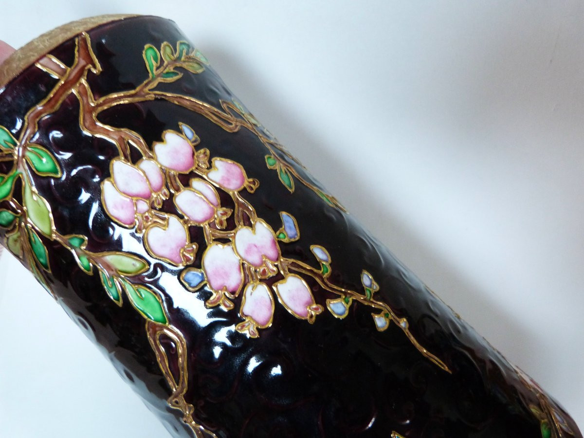 Amédée de Caranza - Vieillard Bordeaux vase en faïence et émaux à décor japonisant -photo-4