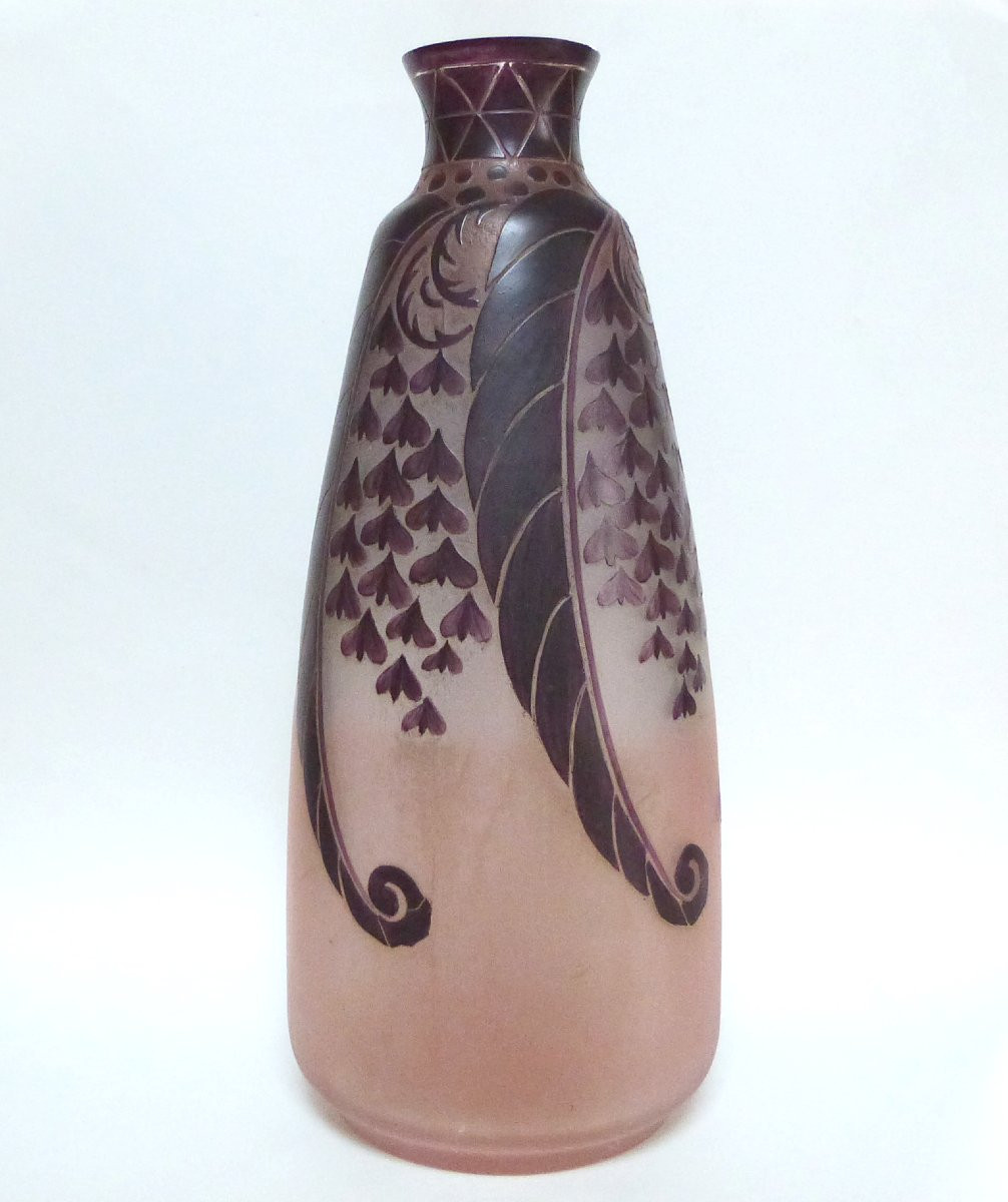 E.VAL & Cie - DAUM  vase art déco en verre dégagé à l'acide et émaillé -photo-1