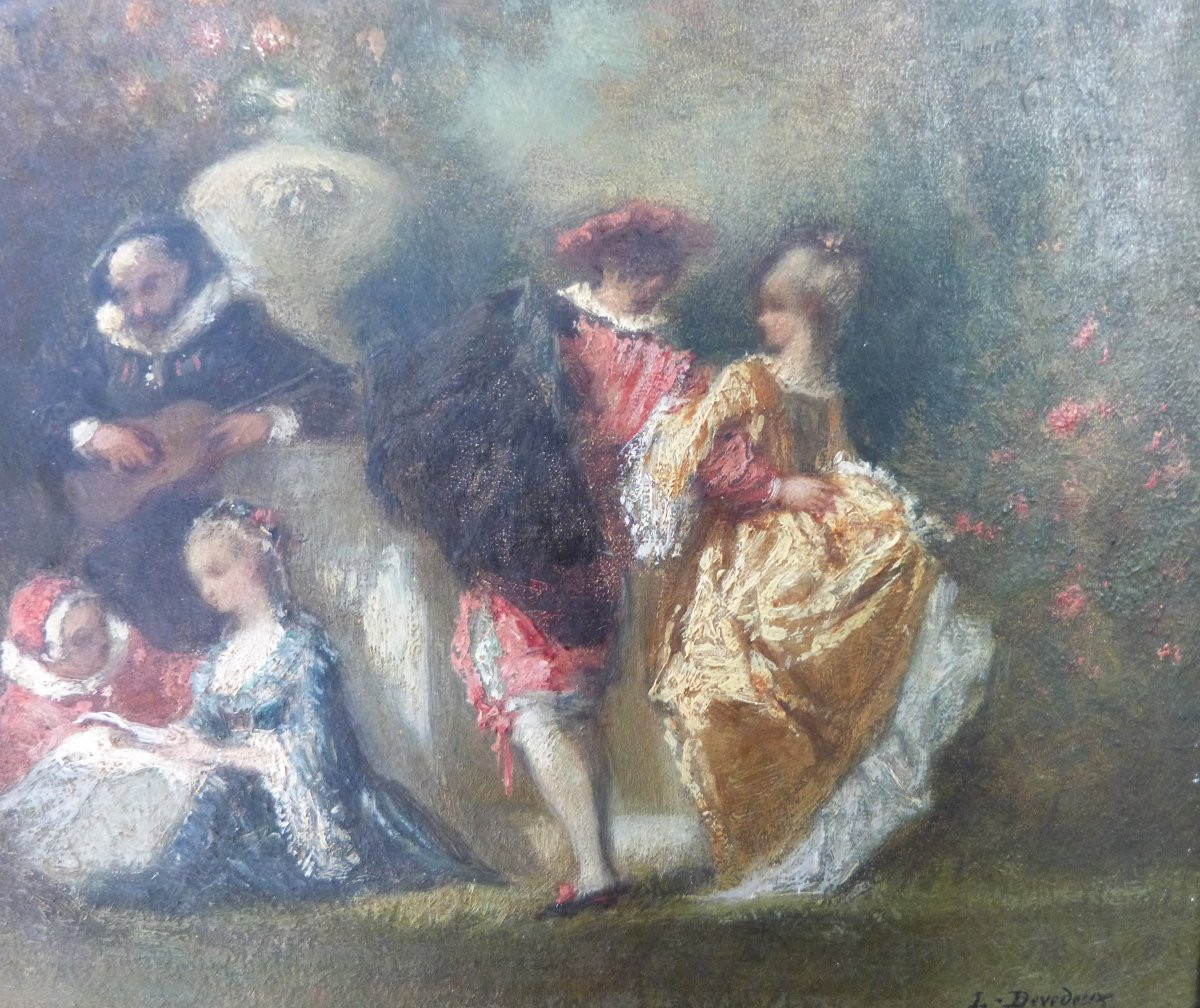 Louis Devedeux scène galante dans le style de Watteau milieu XIXeme -photo-2
