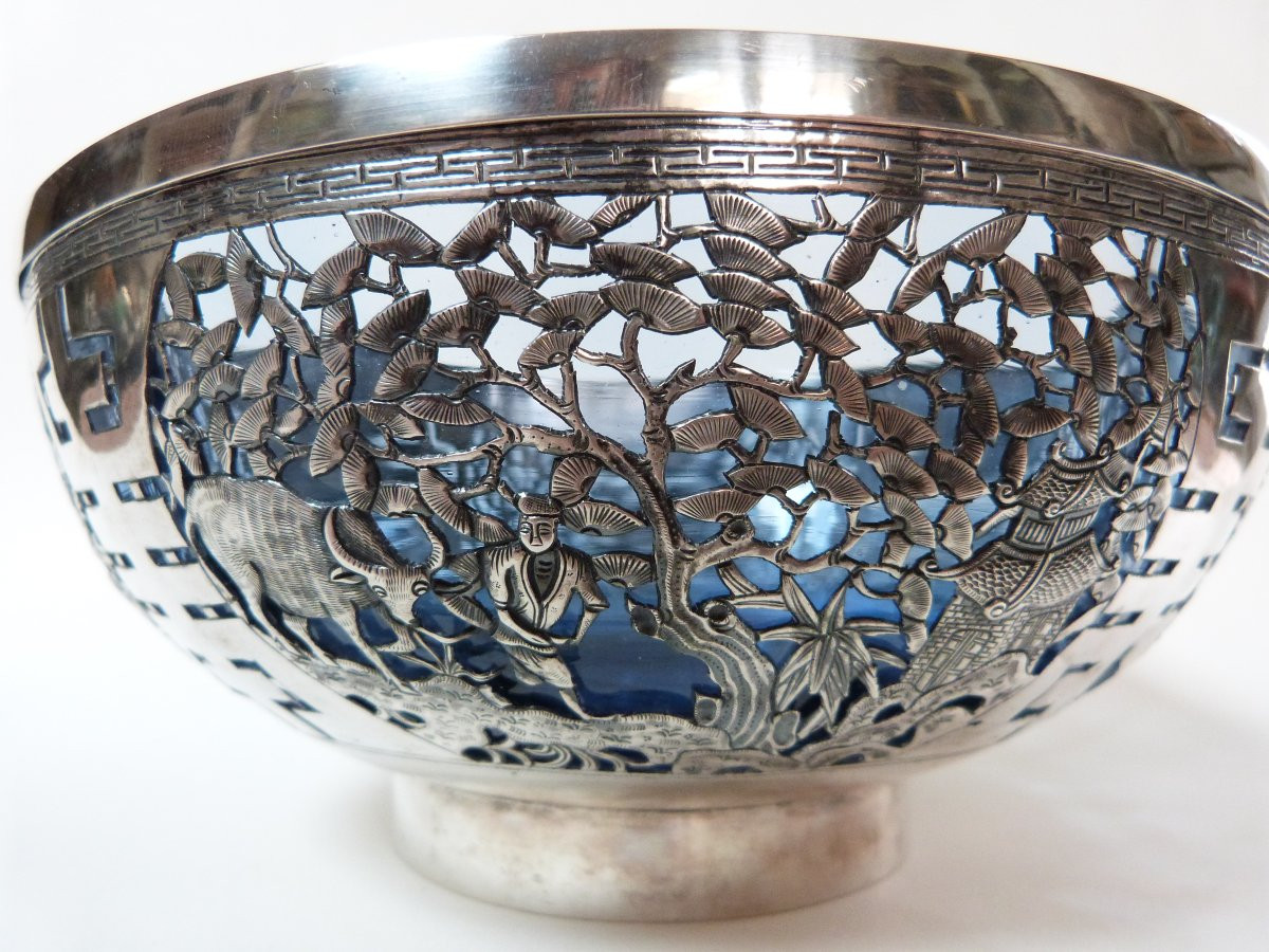 coupe en argent massif et verre Indochine Vietnam XXeme-photo-3