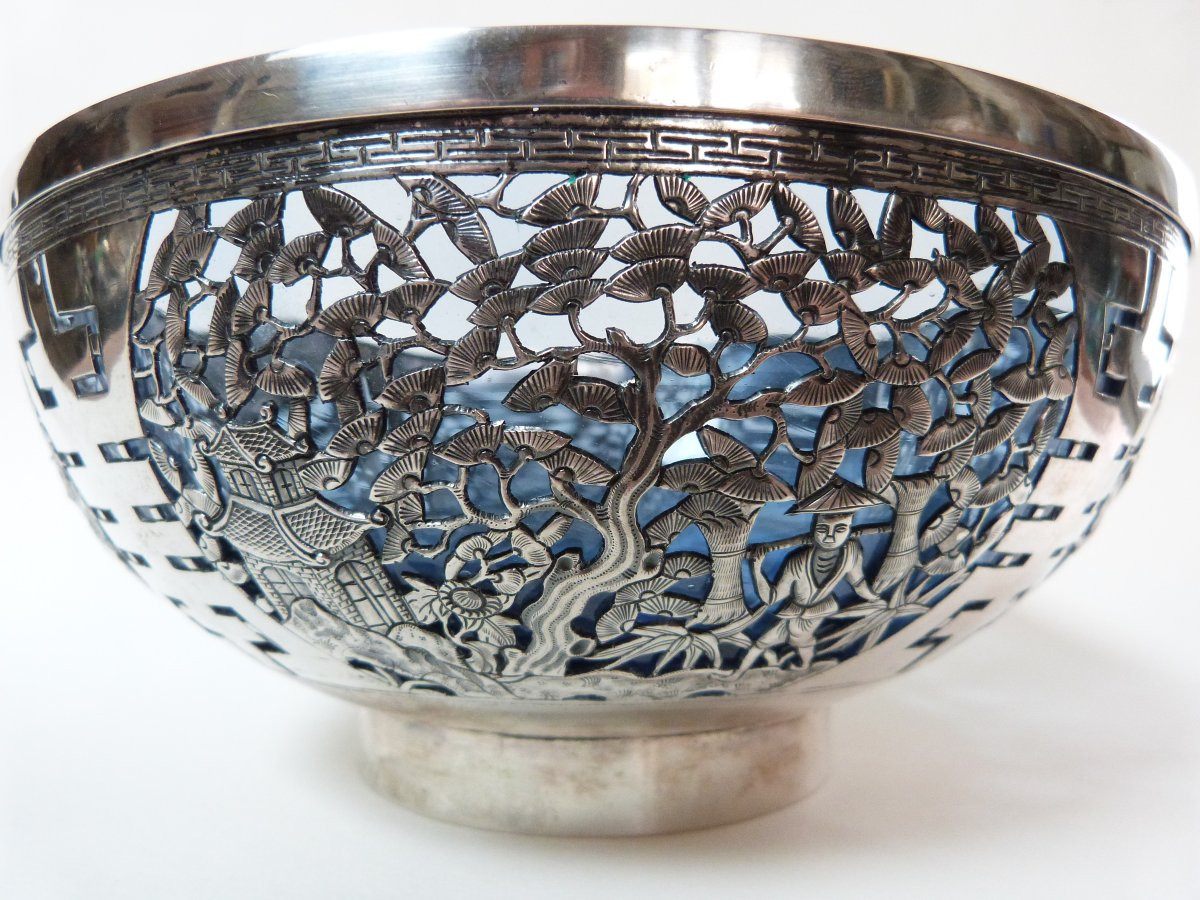 coupe en argent massif et verre Indochine Vietnam XXeme-photo-3