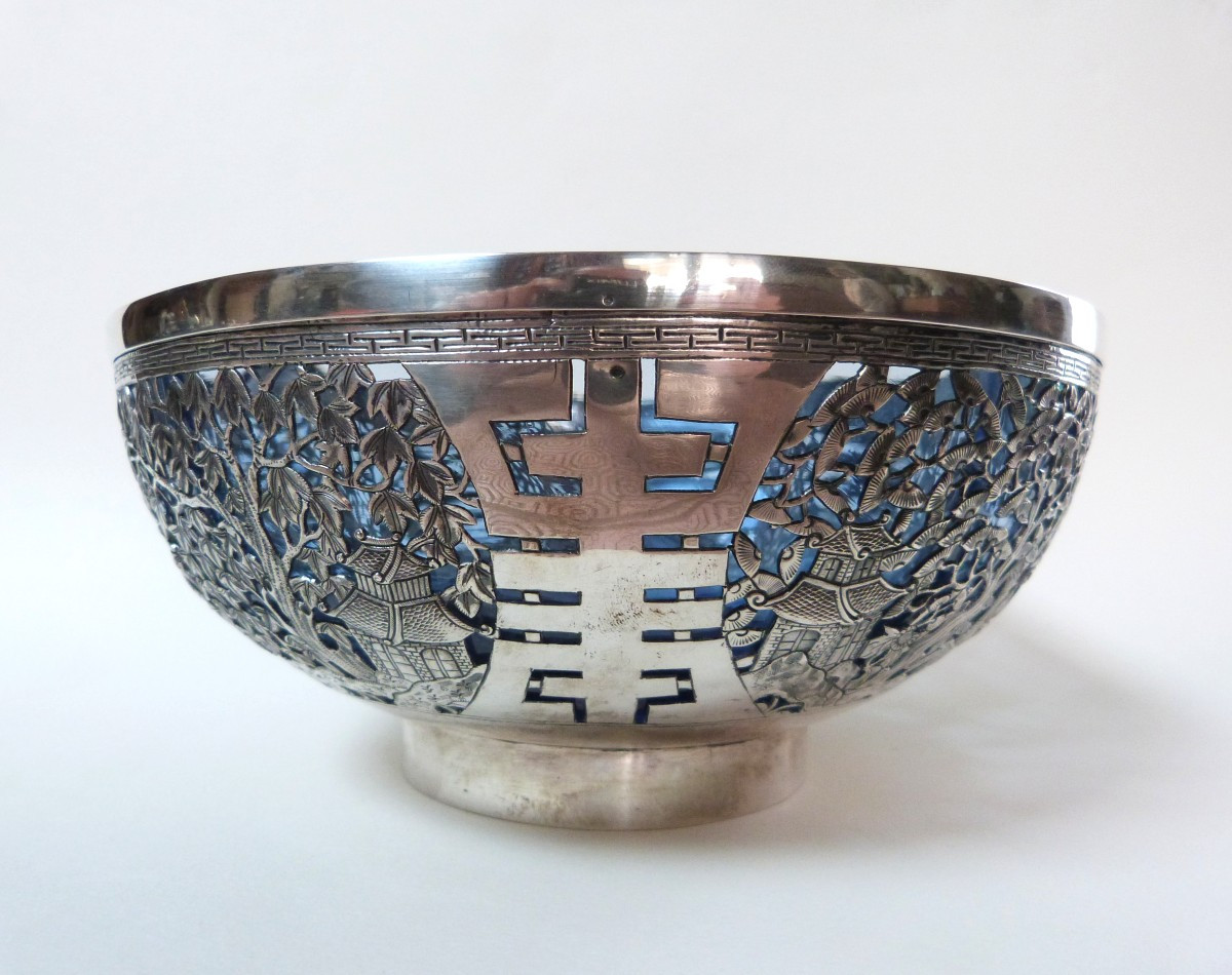 coupe en argent massif et verre Indochine Vietnam XXeme