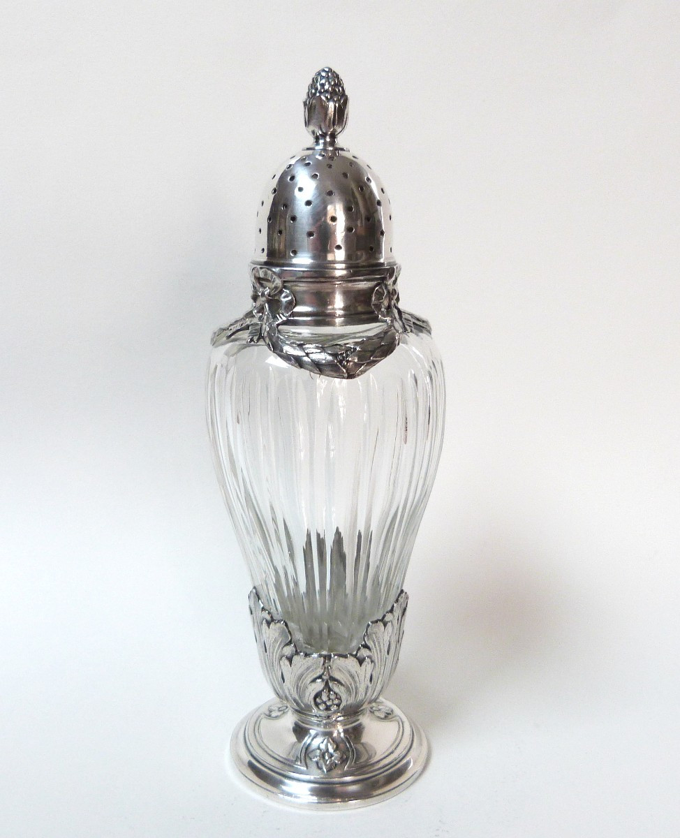 Gallia - Christofle grande saupoudreuse en métal argenté et cristal taillé 