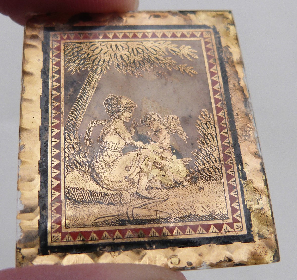 verre églomisé décor or d'époque empire ancien bijoux 