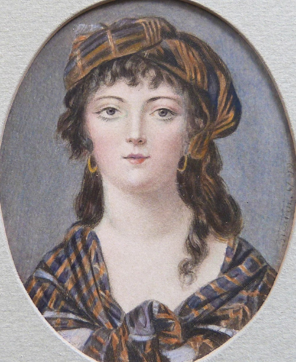 Miniature portrait de femme au turban dessin du XIXeme signé 