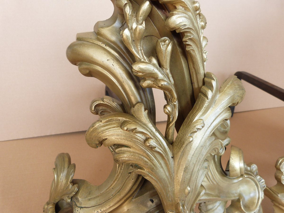 Large Pair Of Louis XV Rocaille Bronze Andirons-photo-2