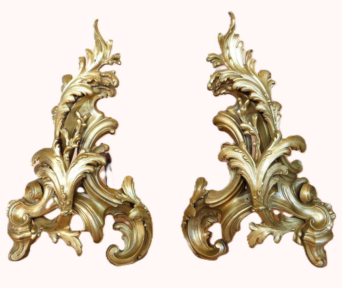 Large Pair Of Louis XV Rocaille Bronze Andirons-photo-1