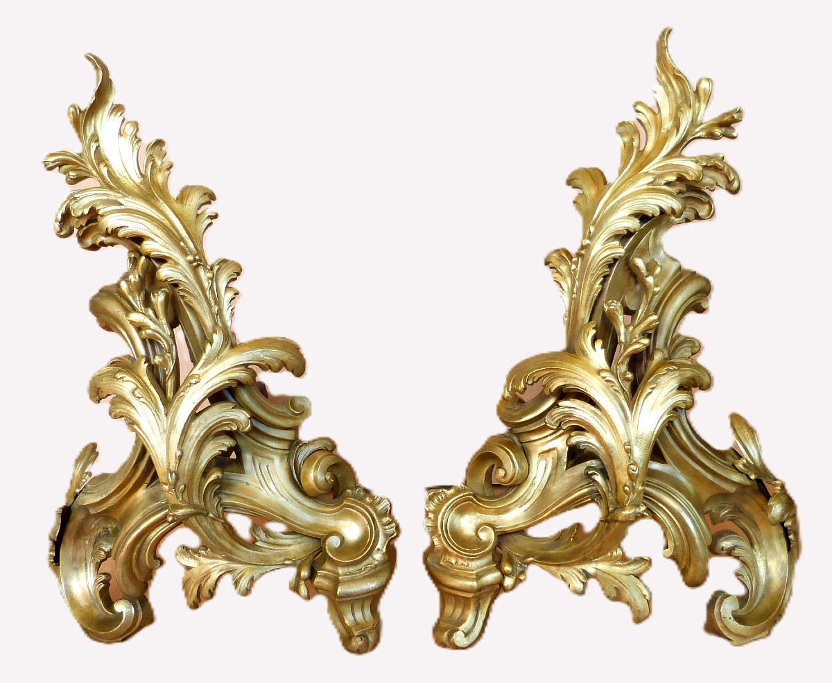 Large Pair Of Louis XV Rocaille Bronze Andirons