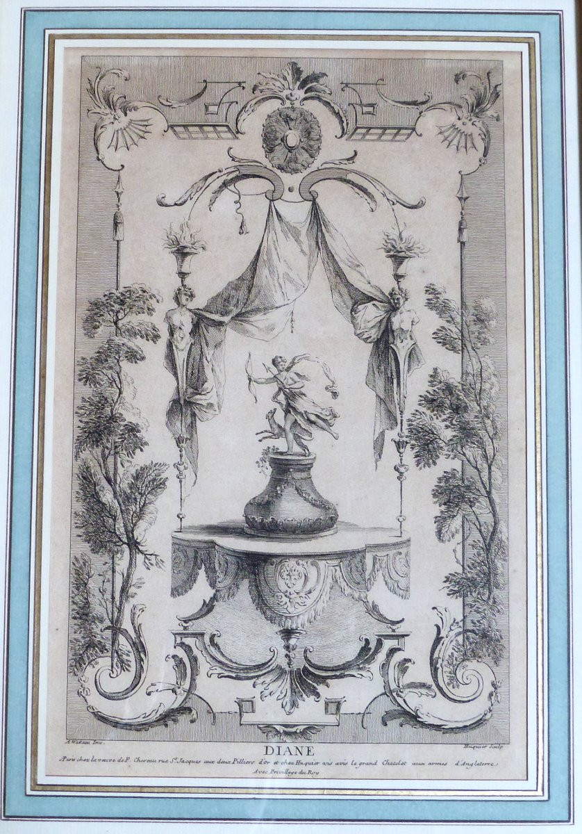 Huquier - Watteau Pair Of Engravings Apollo And Diana 18th Century-photo-3