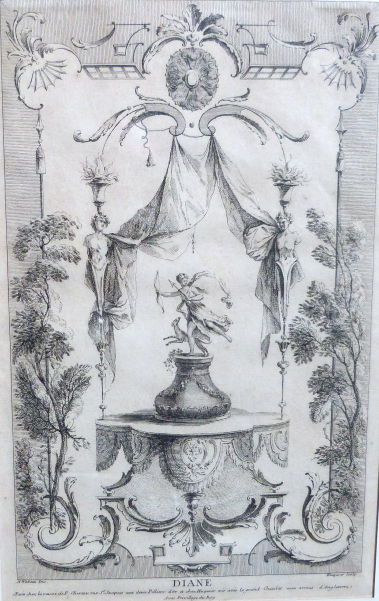 Huquier - Watteau Pair Of Engravings Apollo And Diana 18th Century-photo-3
