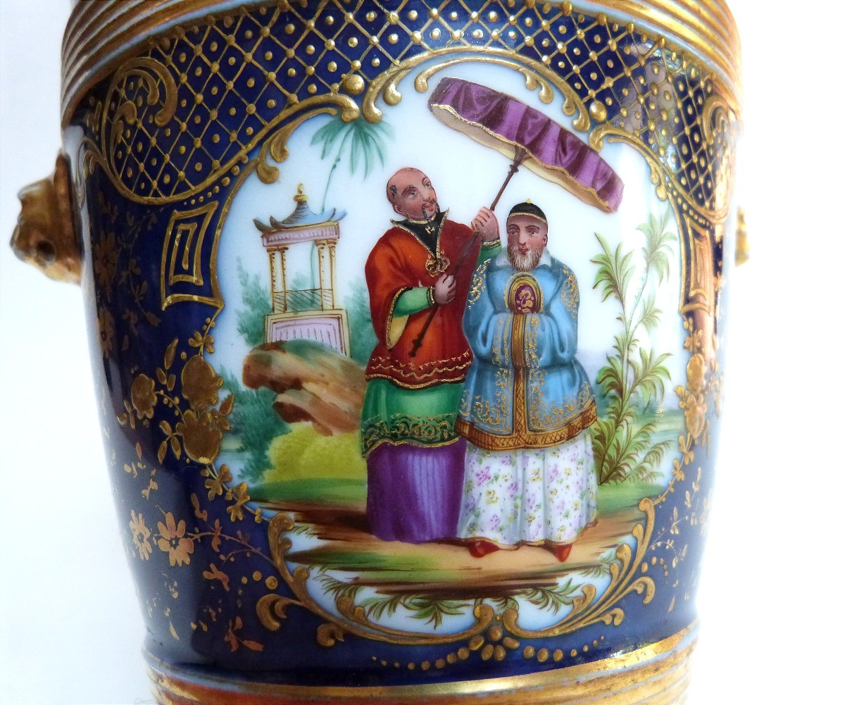 cache pot en porcelaine de Paris rare décor au chinois ép restauration Jacob Petit 