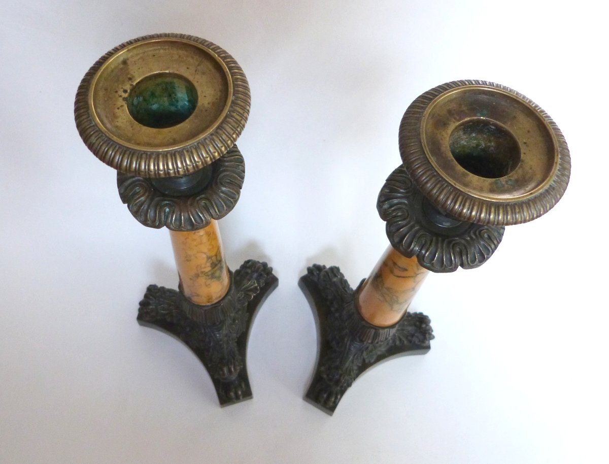 Paire de chandeliers en bronze et marbre XIXeme-photo-5