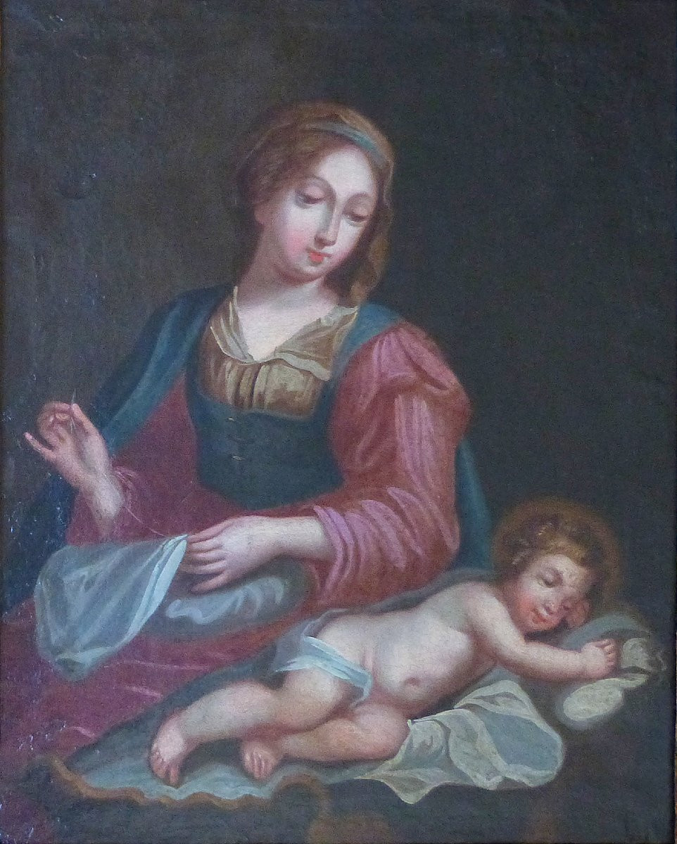 Virgin And Child French School 17th Century Antique Frame-photo-2