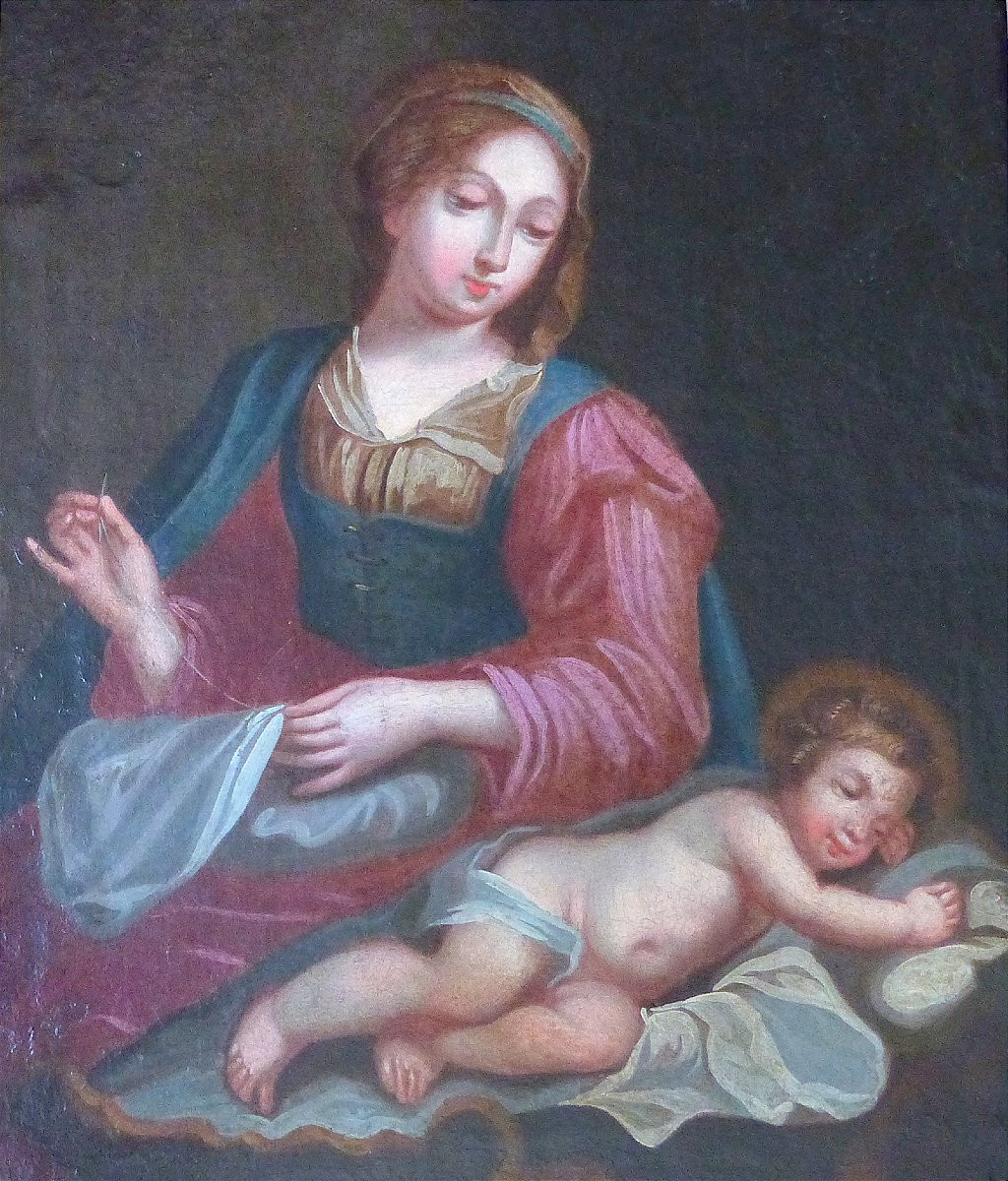 Virgin And Child French School 17th Century Antique Frame-photo-1
