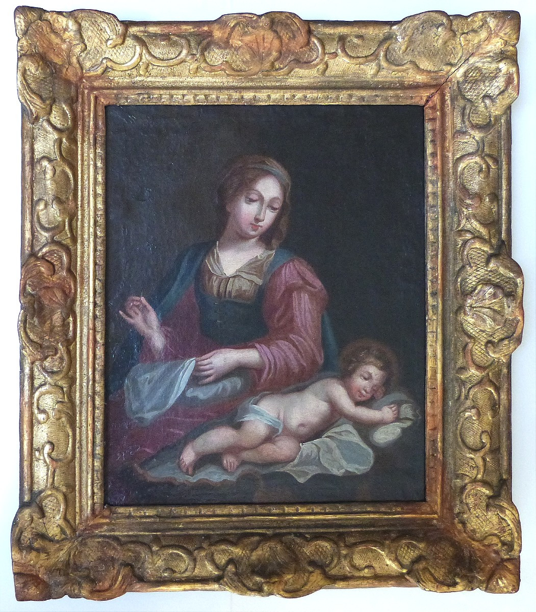 Virgin And Child French School 17th Century Antique Frame