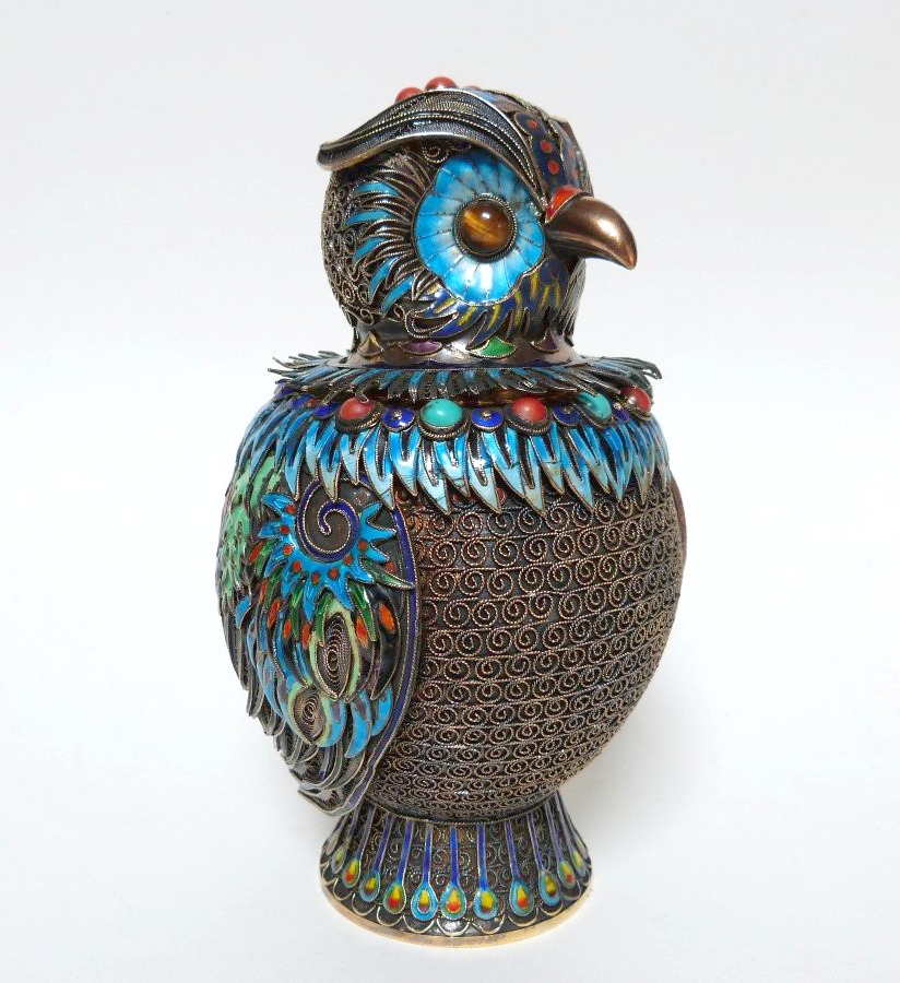 Chine Hibou en argent massif filigrané et émail 