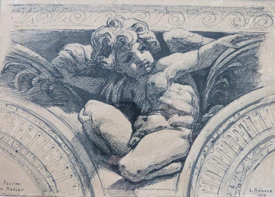 Louis Béroud dessin d'architecture angelot de Carpeaux au Louvre daté 1878