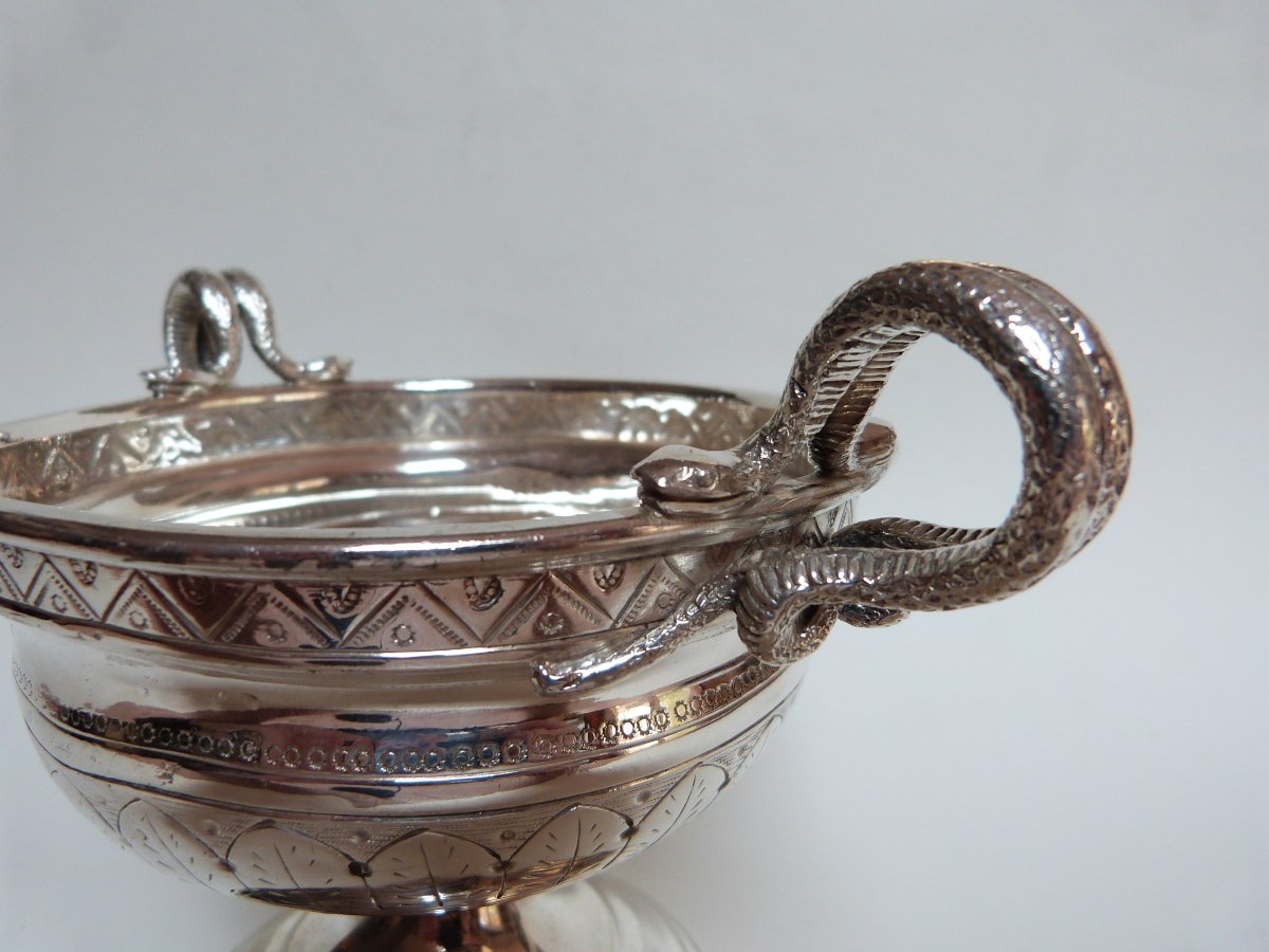 19th-century Silver-plated Metal Bowl With Snake-shaped Handles -photo-2