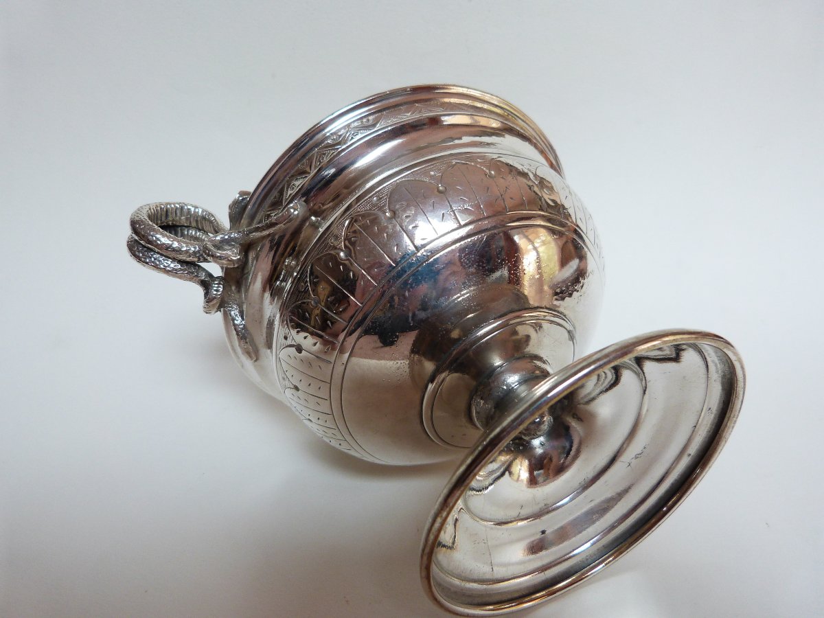 19th-century Silver-plated Metal Bowl With Snake-shaped Handles -photo-3
