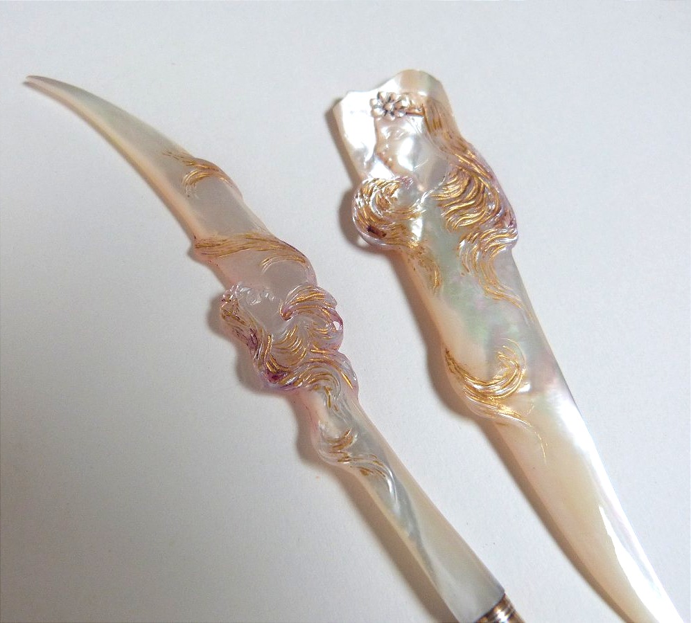 Art Nouveau Paper Cutter And Pen Holder In Mother-of-pearl And Solid Silver -photo-3
